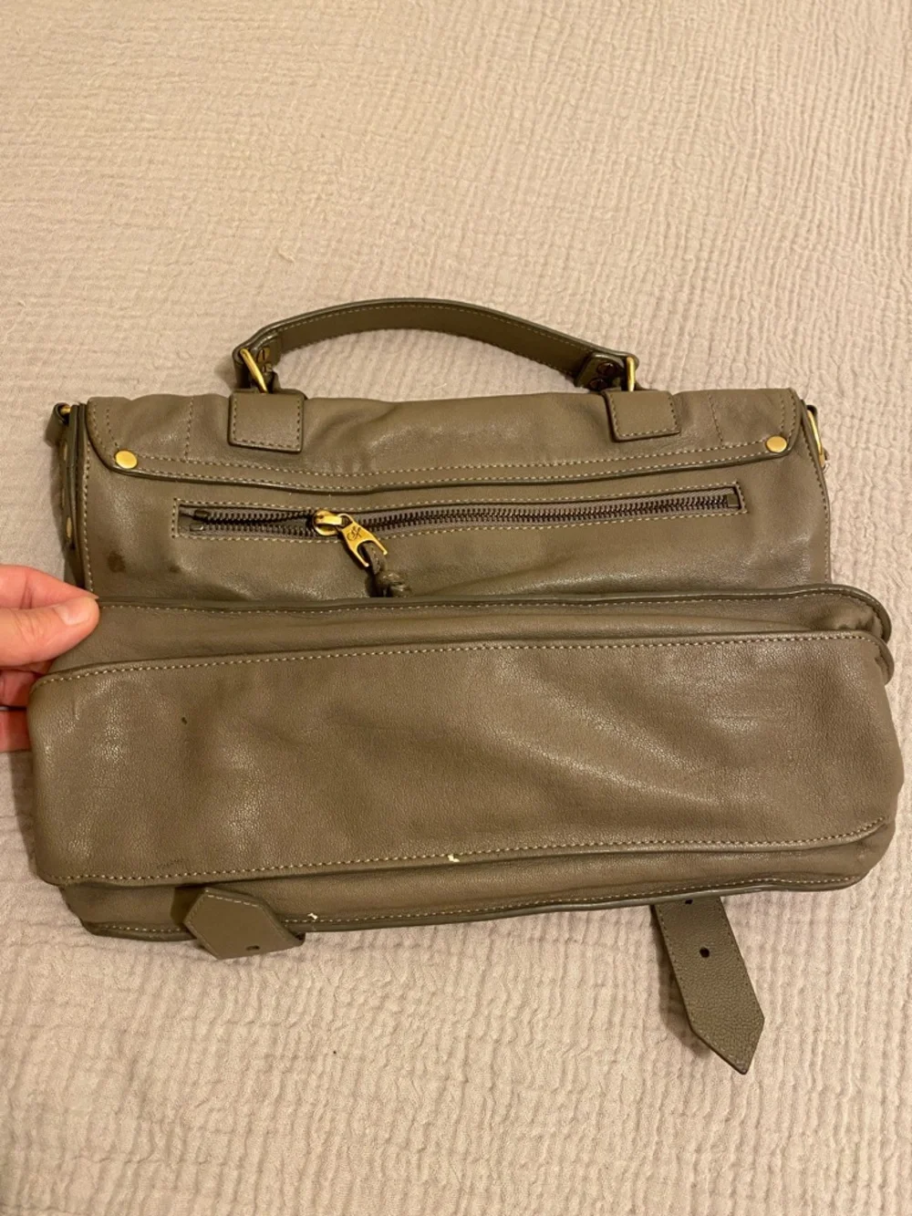 PROENZA SCHOULDER Leather Satchel Handbag in Olive Taupe with Gold Hardware